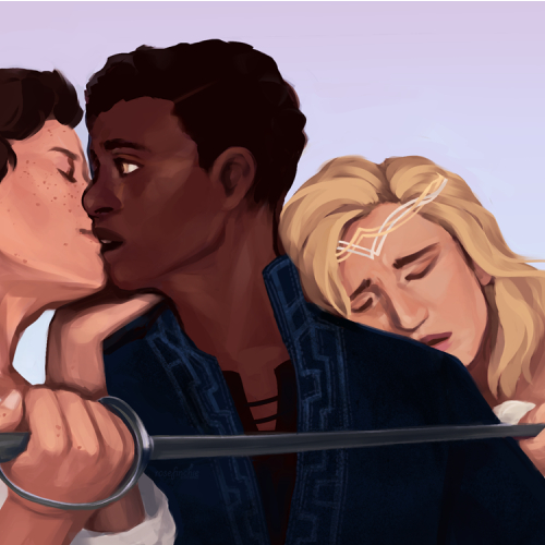 A white butch holding a sword hilt while kissing a Black butch, who is leaned on by a white femme holding the sword blade