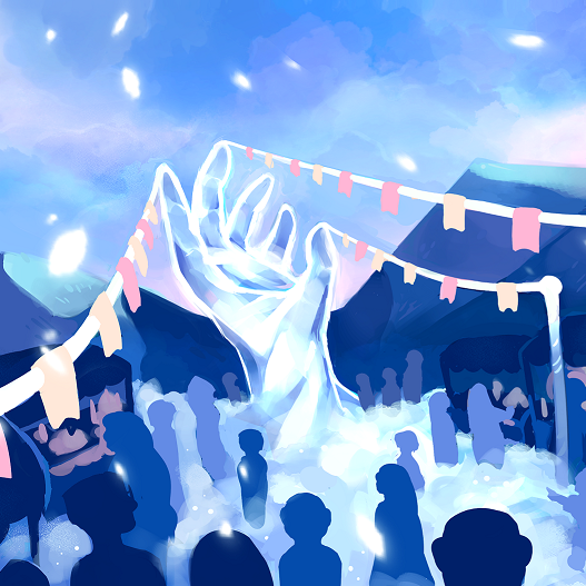 Landscape painting of ice sculpted into a massive hand at a crowded, snowy festival