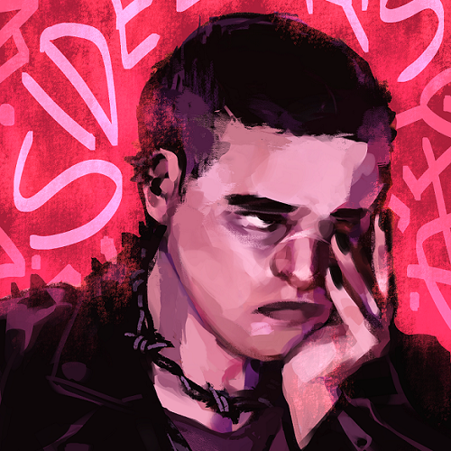 A grunge-textured portrait of a white butch teenager, looking angsty and wearing a leather jacket