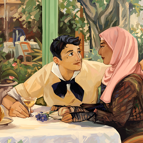 Crop of a study of Manet's Chez Le Pere Lathuille with a butch waiter and a hijabi femme