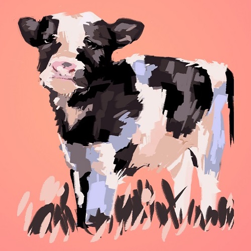 A painting study of a fluffy cow in grass