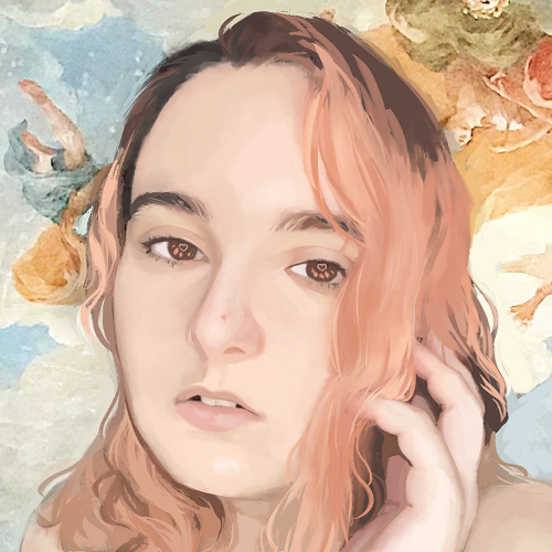 A painted self-portrait with a classical art background