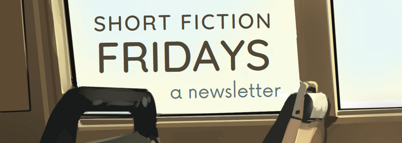 'Short Fiction Fridays: a newsletter' text overlaid on a digital painting of sun shining onto empty train seats